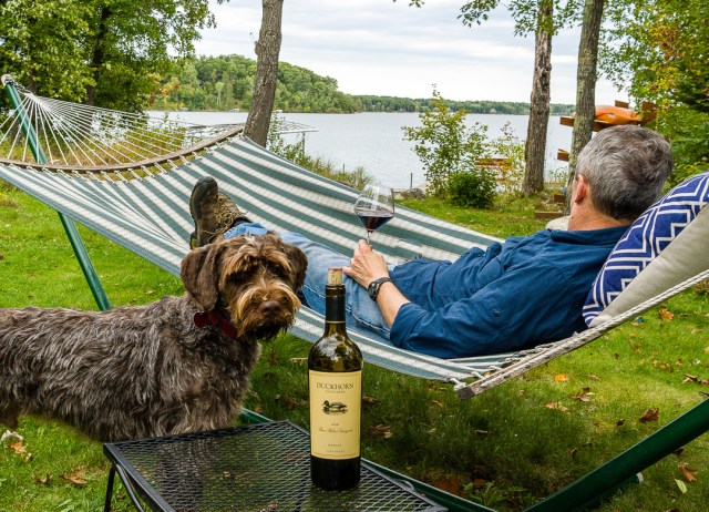 Duckhorn 3 Palms Merlot at the lake in a hammock