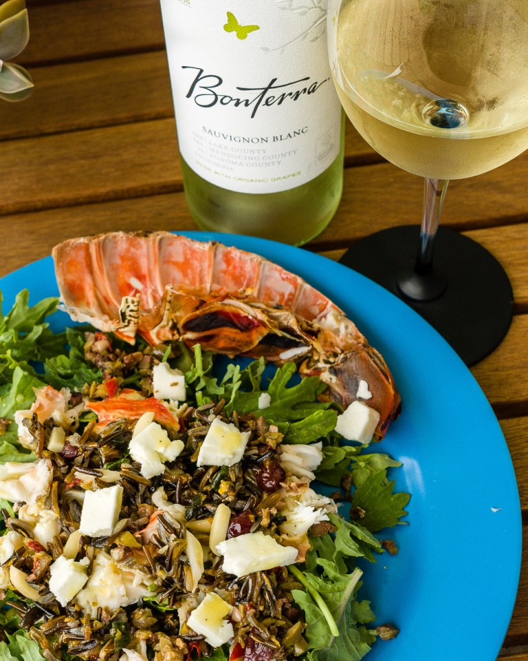 Bontterra Sauvignon Blanc with grilled lobster on a wild rice salad