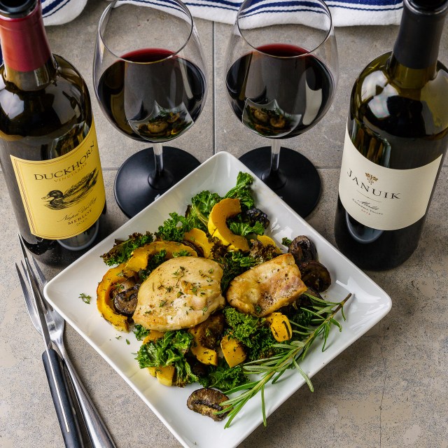 Duckhorn Napa Valley Merlot, Januik Columbia Valley Merlot and a chicken sheet pan dinner