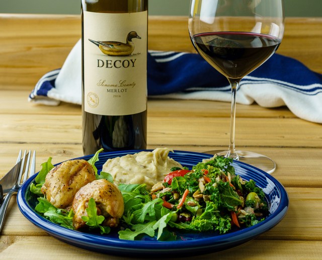 Decoy Sonoma County Merlot with chicken thighs, potatoes and salad