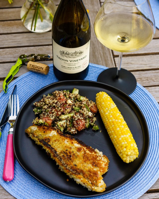 Pan-fried Walleye paired with Troon Vineyard Kubli Bench blanc